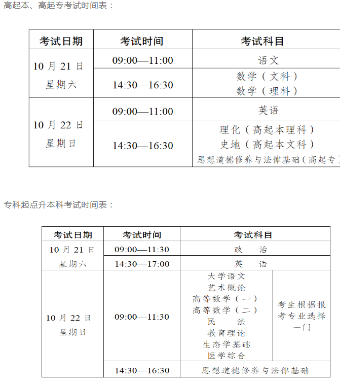 昆明成人高考考試時間？